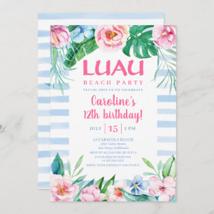 Luau Beach Party Tropical Floral Hawaiian Birthday Invitation