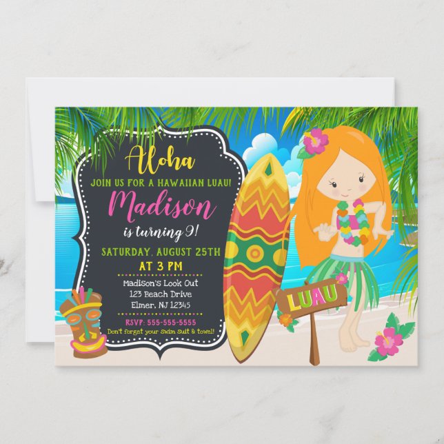 Luau Birthday Invitation Aloha Invites (Front)