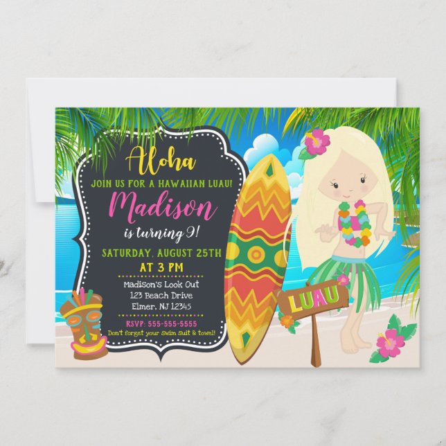Luau Birthday Invitation Aloha Invites (Front)