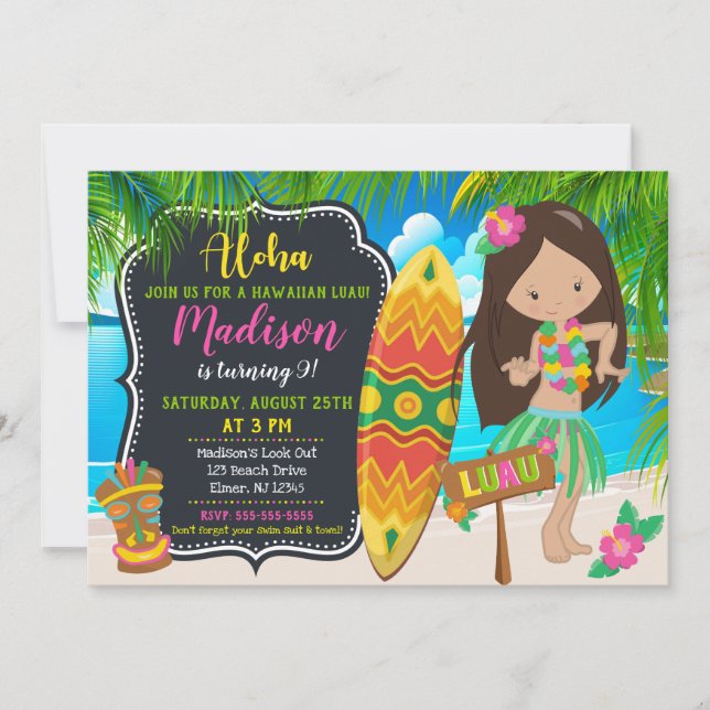Luau Birthday Invitation Aloha Invites (Front)
