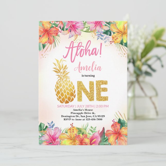 Luau Birthday Invitation Girl First Birthday Invit (Standing Front)