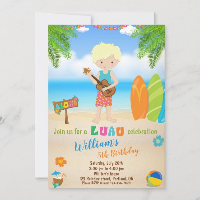 Luau birthday invitation Hawaiian invitation boy (Front)