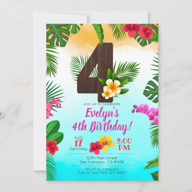 Luau Birthday, Invitation Luau Party 4th Birthday (Front)