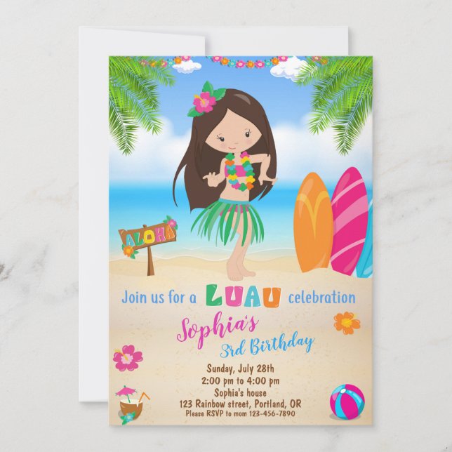 Luau birthday invitation Tropical beach party girl (Front)