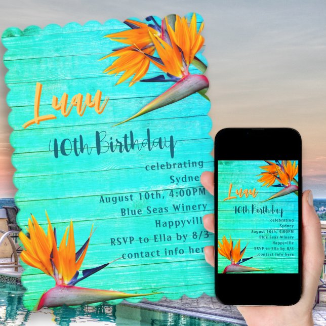 Luau Birthday Party Blue Wood Tropical Flowers Invitation (Creator Uploaded)