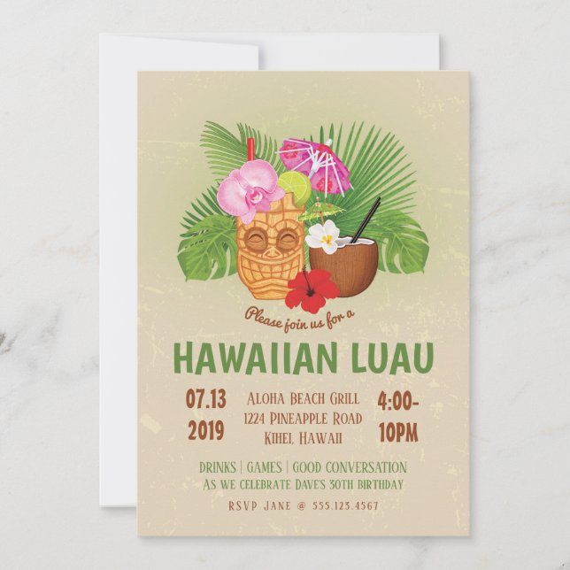 Luau  Birthday Party Hawaiian Tiki Invite (Front)