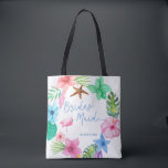 Luau destination wedding bidesmaid floral tropical tote bag<br><div class="desc">Pink blue and green colourful Hawaiian hibiscus wreath,  a pink watercolor flamingo bird and a starfish making a pretty bridesmaid favour tote bag for a summer seaside / ocean beach / aloha luau destination wedding with aqua blue calligraphy script and editable text. Personalise it with your details!</div>