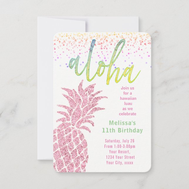 luau faux glitter pink pineapple summer birthday invitation (Front)