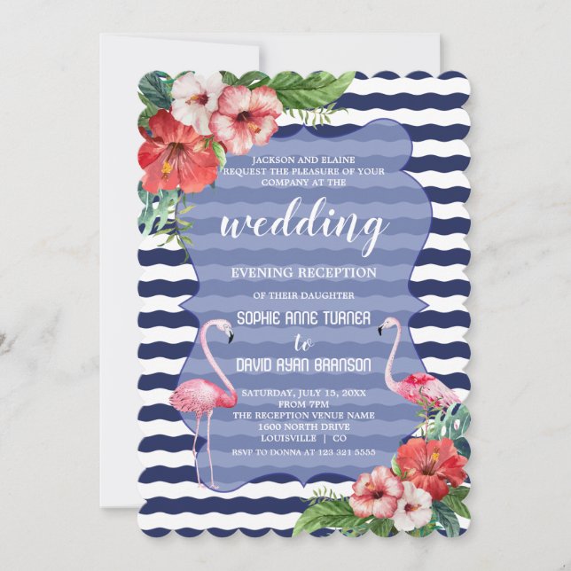 Luau Flamingo Floral Wedding Evening Reception Invitation (Front)