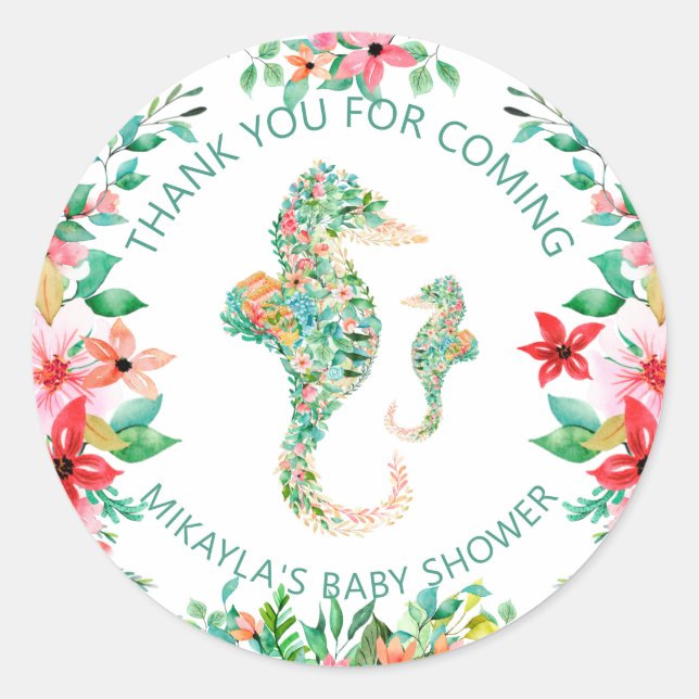Luau Floral Seahorse Baby Shower Thank You Classic Round Sticker (Front)