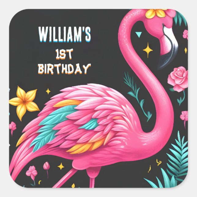 Luau Fly Pink Flamingo Pool Party 1st birthday Square Sticker (Front)