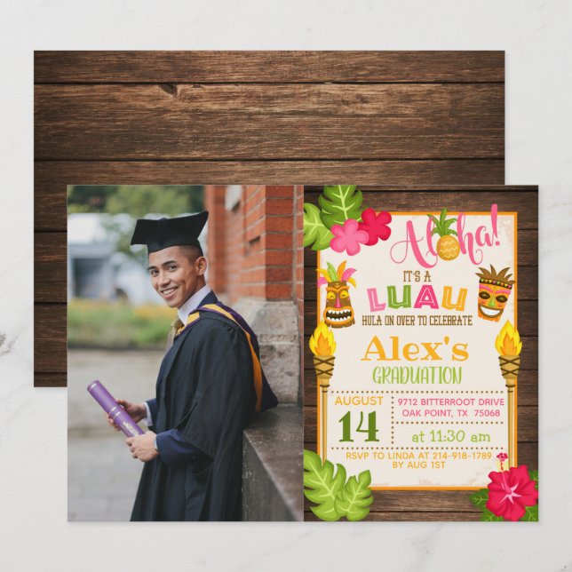 Luau Graduation Invitation with Photo - Boy (Front/Back)
