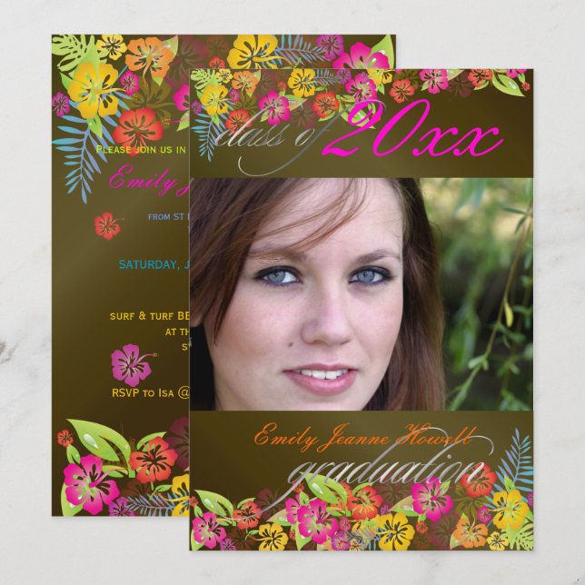 LUAU GRADUATION PARTY/HIBISCUS/RAINBOW INVITATION (Front/Back)