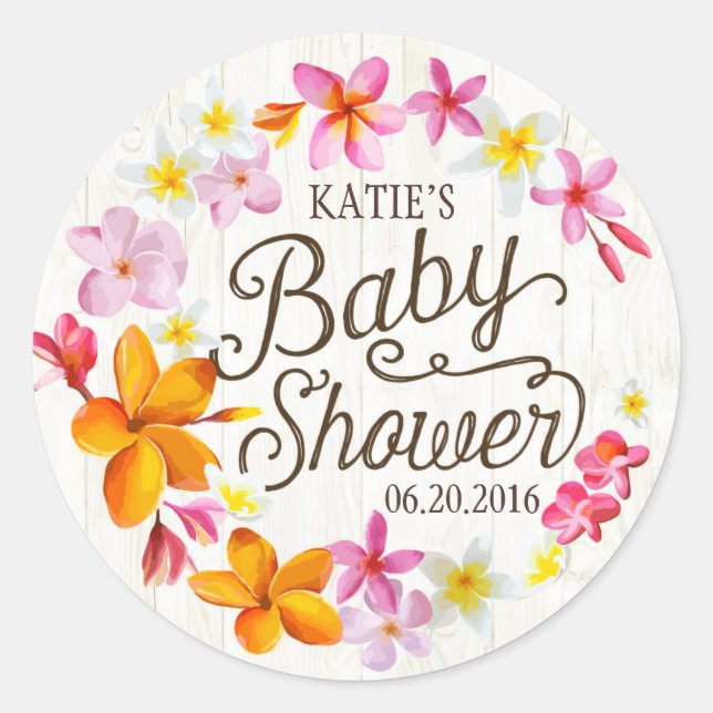 Luau Hawaiian Lei Rustic Baby Shower Label (Front)