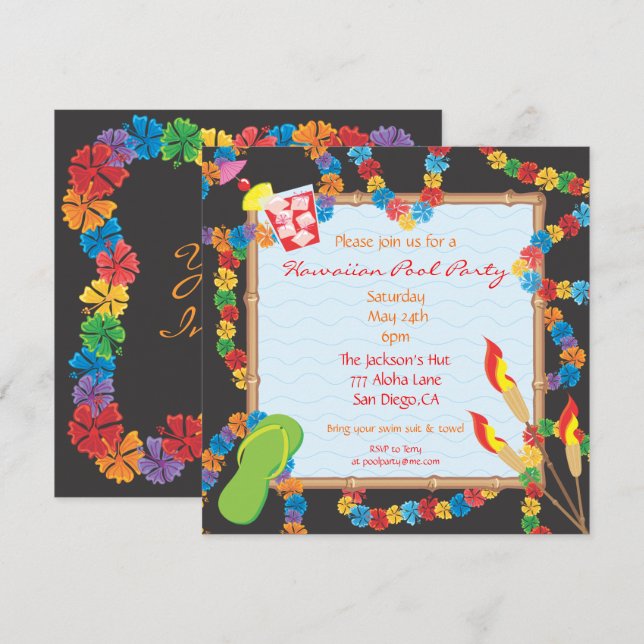 Luau Hawaiian Pool Party Invitation Card (Front/Back)