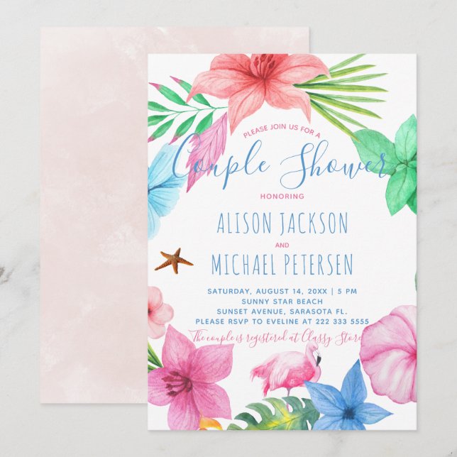 Luau Hawaiian tropical floral wreath couple shower Invitation (Front/Back)