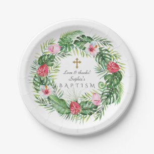Luau Hawaiian Tropical Flowers Wreath Baptism Paper Plate