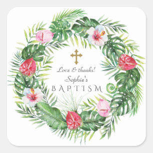Luau Hawaiian Tropical Flowers Wreath Baptism Square Sticker