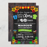 Luau Invitation, Luau Birthday Invitations<br><div class="desc">Fun and colourful luau invitation featuring a wood plank and chalkboard background,  flip flops,  hawaiian shirt,  paper lanterns,  hibiscus flowers,  tiki mask,  and a coconut drink. Perfect for a luau birthday party and ringing in a 40th (or another milestone) birthday!</div>