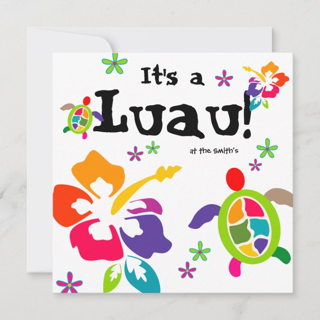Luau Party Hibiscus Flowers Turtle Colourful Invitation (Front)