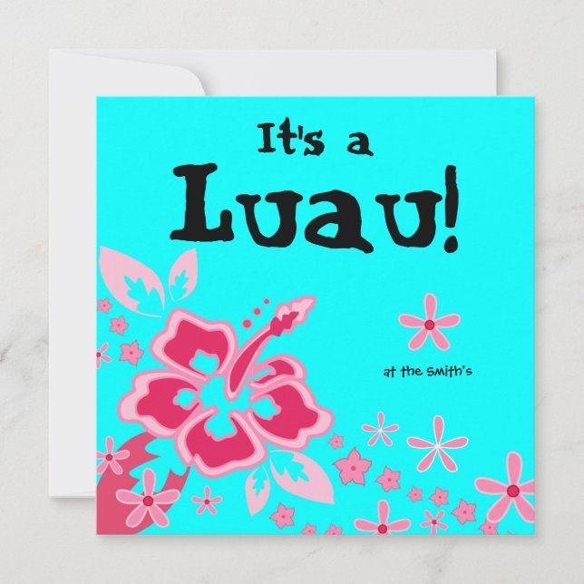 Luau Party Invitation Hibiscus Flower Pink Blue (Front)