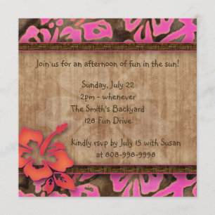 Luau Party Invitation Hibiscus Pink Brown Orange