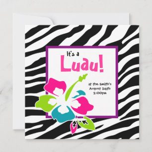 Luau Party Invitation Hibiscus Zebra Pink Blue Lim