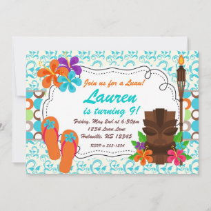 Luau Party Invite, Turquoise Damask and Tiki Man Invitation