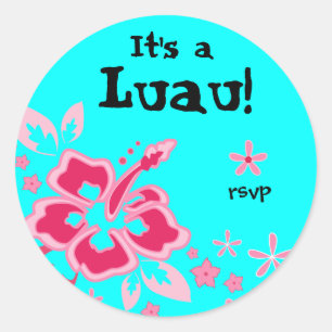 Luau Party RSVP Stickers Hibiscus Pink Blue