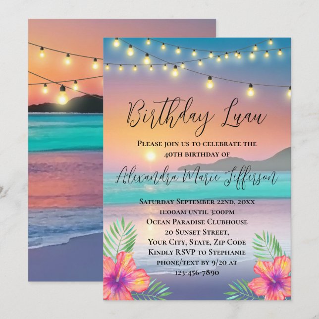 Luau Pastel Sunset Beach Ocean Birthday Party Invitation (Front/Back)