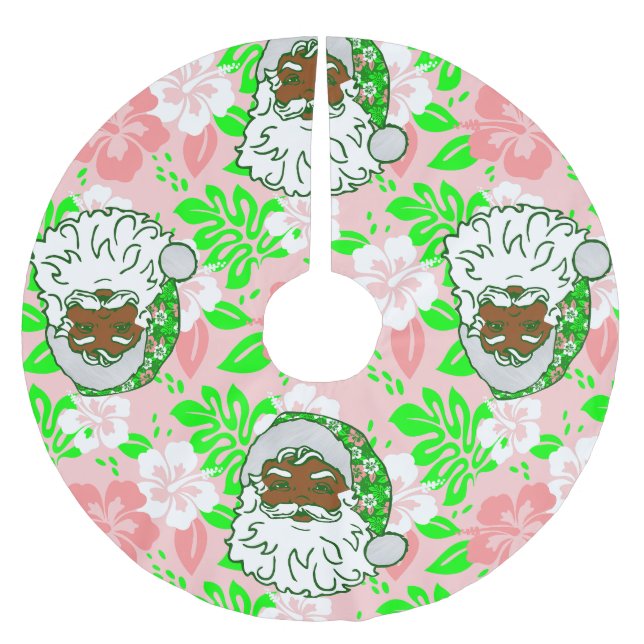 luau pink christmas hawaiian black santa hibiscus brushed polyester tree skirt (Front)