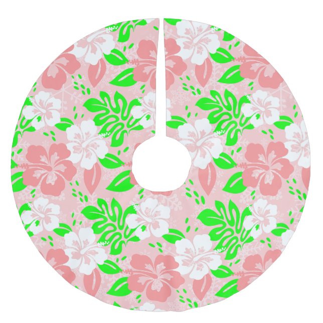 luau pink christmas hawaiian hibiscus floral xmas brushed polyester tree skirt (Front)