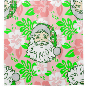  luau pink christmas hawaiian santa hibiscus  shower curtain