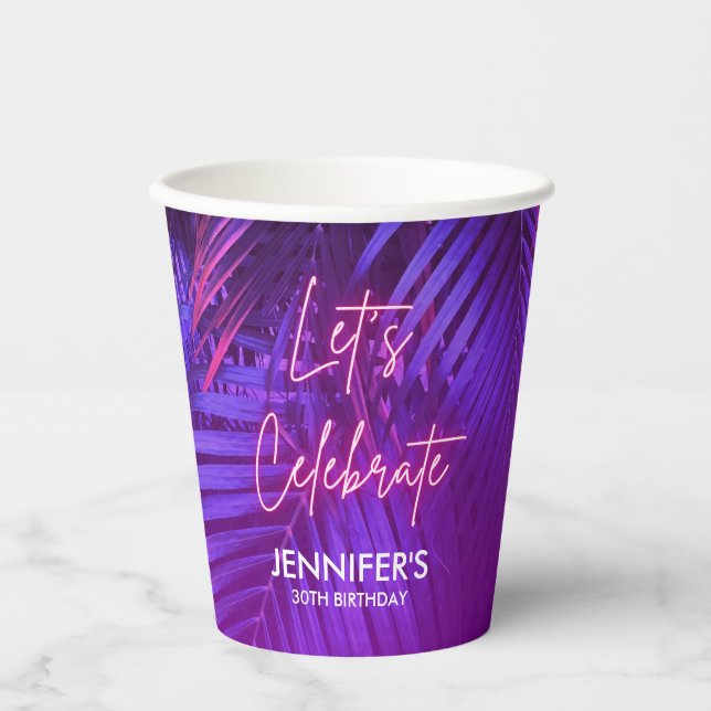 Luau Purple Palm Leaf Birthday Paper Cup (Front)