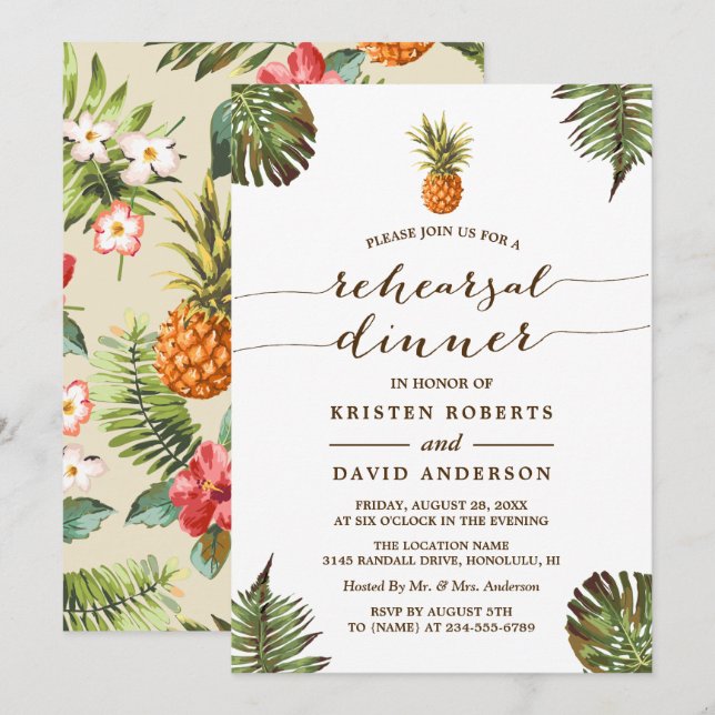 Luau Rehearsal Dinner | Tropical Leaves Pineapple Invitation (Front/Back)