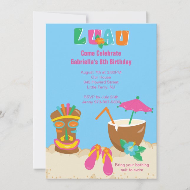 Luau Tiki On the Beach Birthday Invitation (Front)