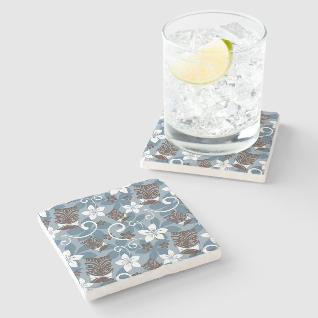 LUAU TIKI PATTERN (BLUE) STONE COASTER (Side)