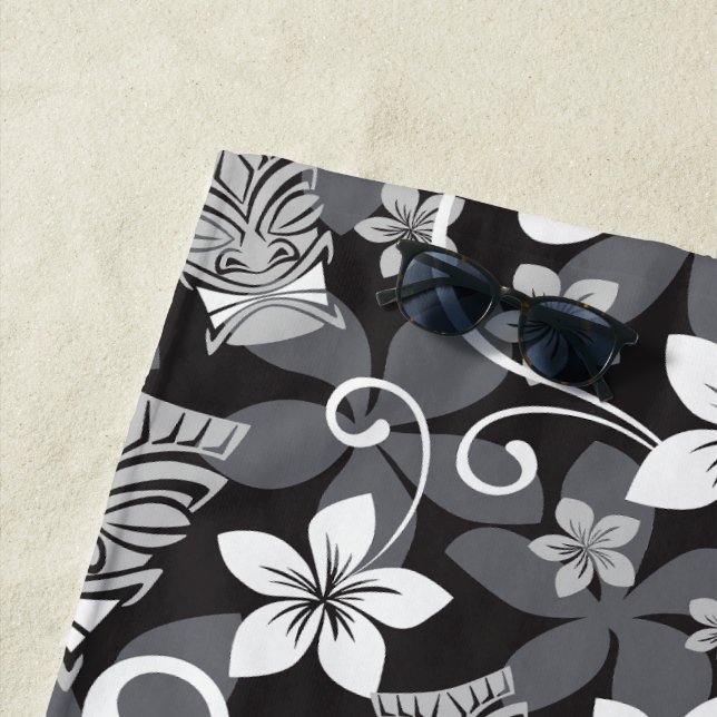 LUAU TIKI PATTERN (CHARCOAL) BEACH TOWEL (In Situ)