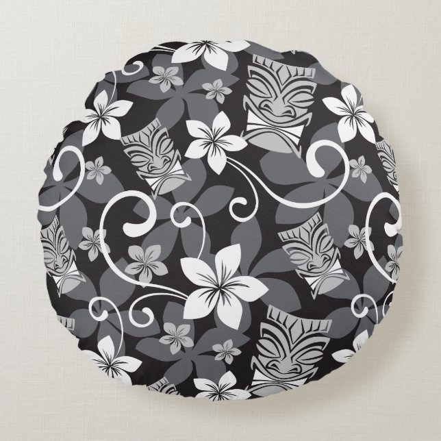 LUAU TIKI PATTERN (CHARCOAL) ROUND CUSHION (Front)
