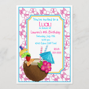 Luau Tropical coconut Drink Birthday Invitations