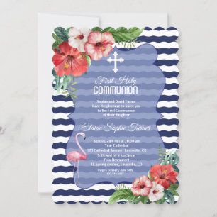 Luau Tropical Flamingo Floral First Holy Communion Invitation