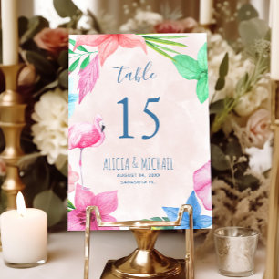 Luau tropical flamingo floral wreath wedding table number