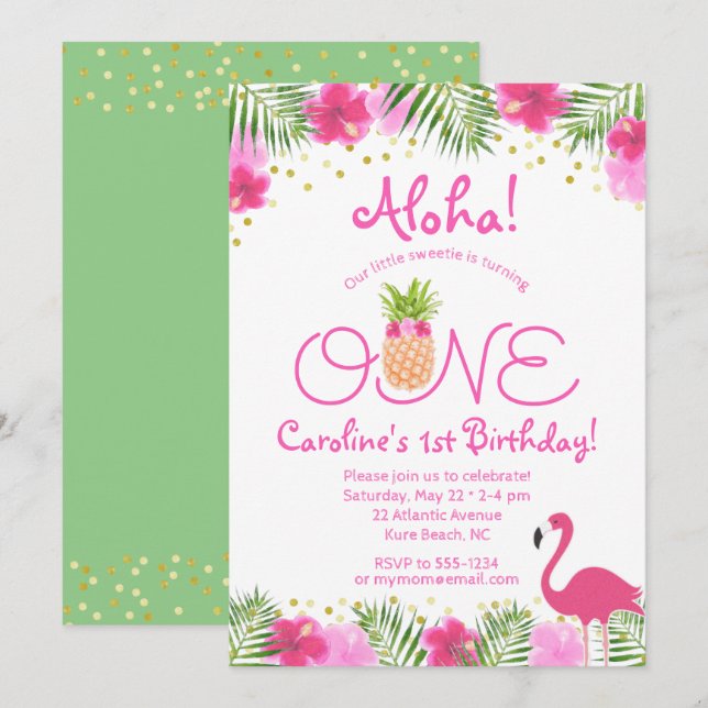 Luau Tropical Floral Girl 1st First Birthday Invitation (Front/Back)