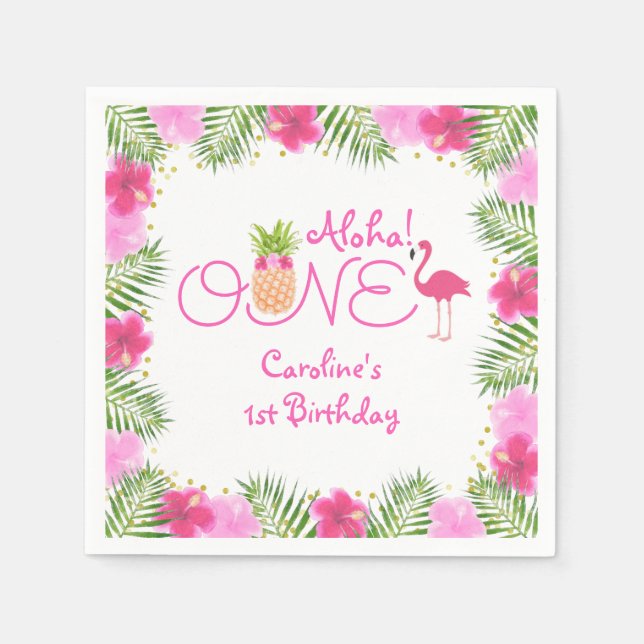 Luau Tropical Floral Girl 1st First Birthday Napkin (Front)