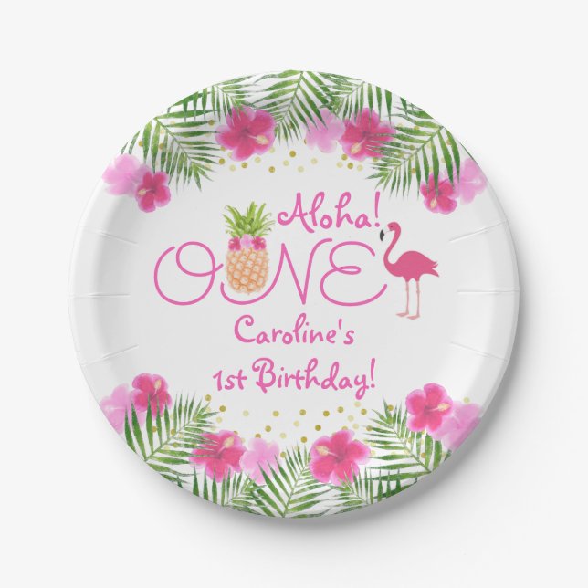 Luau Tropical Floral Girl 1st First Birthday Paper Plate (Front)