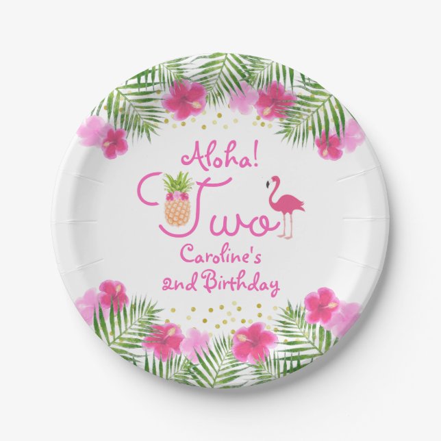 Luau Tropical Floral Girl 2nd Second Birthday Paper Plate (Front)