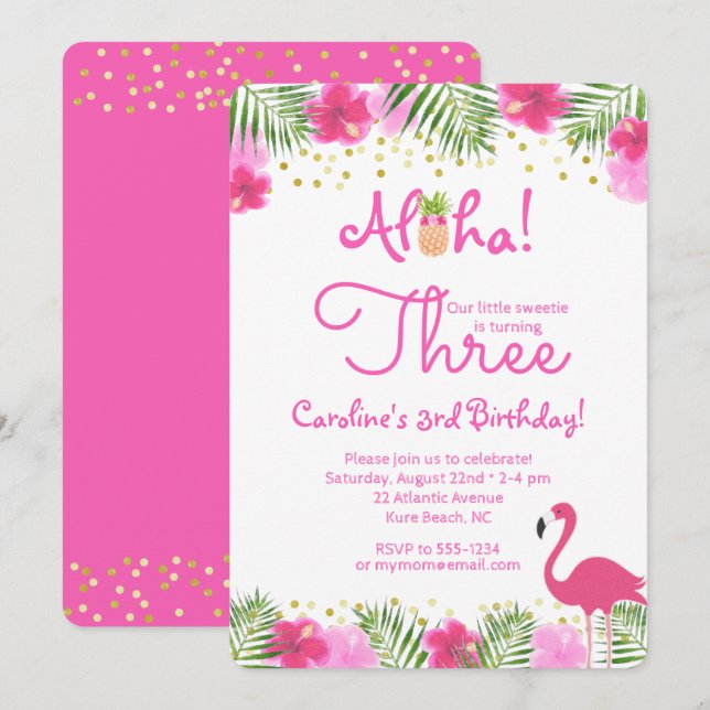 Luau Tropical Floral Girl 3rd Third Birthday Invit Invitation (Front/Back)