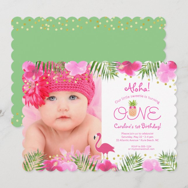 Luau Tropical Floral Photo Girl 1st First Birthday Invitation (Front/Back)