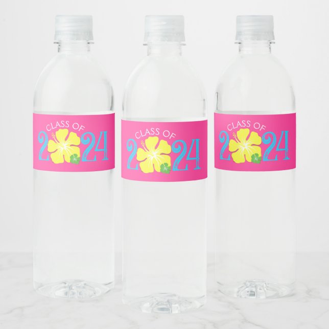 Luau Tropical Hibiscus Pink Graduation Water Bottle Label (Bottles)