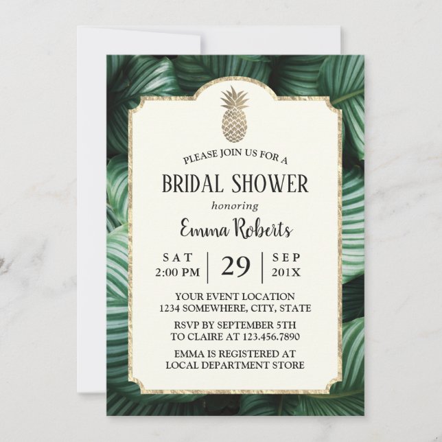 Luau Tropical Leaves Gold Pineapple Bridal Shower Invitation (Front)